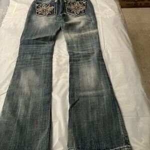 Miss Me Distressed Blue Boot Cut Jeans with Floral Embroidery